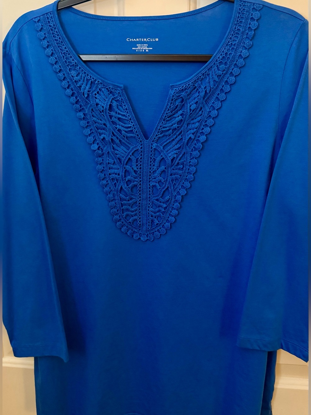 Charter Club Top 100% Cotton Boho Style Blue Crochet-Trim Top Size -  XL - Picture 9 of 9
